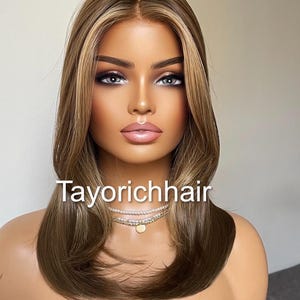 Short Brown Wig: Blonde Money Piece, Monofilament Top, Synthetic Hair