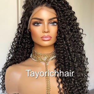 ブラックディープスパイラルカールレースフロントウィッグ/フリーパーツ付き耐熱性合成ウィッグ/女性用ブラックエキゾチックカーリーヘアウィッグ/Tayorichhairウィッグ