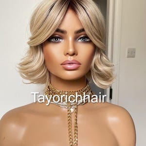 Blonde Bob Wig With Dark Roots: 8 Inch Wavy Synthetic Hair