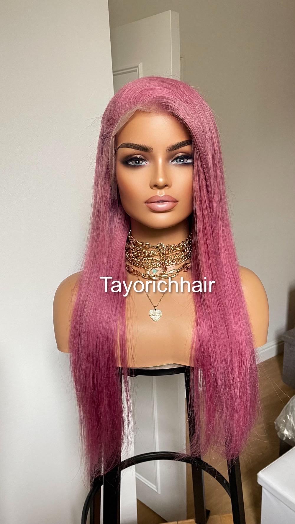 Pink Human Hair Lace Front Wig: Straight Hair, 24 Inch - Etsy display picture 3