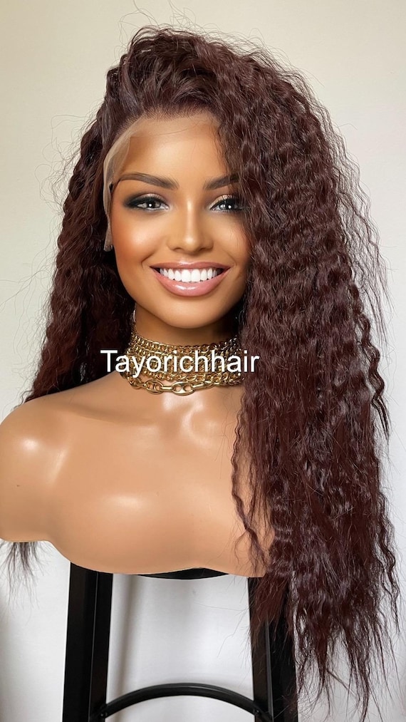 Burgundy Brown Curly Lace Front Wig: Heat Friendly Synthetic  display picture 1