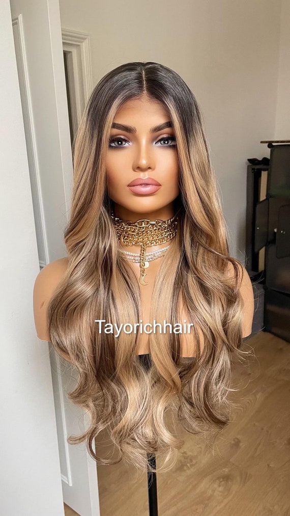 Blonde and Brown Mix Lace Front Wig: Black Roots, Heat Safe  display picture 1