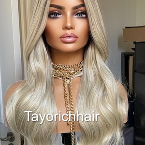 Platinum Blonde Wavy Synthetic Wig: Ash Roots, Heat Safe, 24 Inch