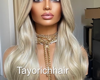 Platinum Blonde Synthetic Wig With Ash Roots and Cool Undertone/Heat Safe Sythetic Wavy Hair Wig For Women Alopecia Hairloss By Tayorichhair
