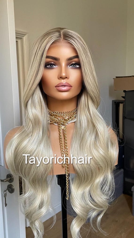 Platinum Blonde Wavy Synthetic Wig: Ash Roots, Heat Safe, 24 