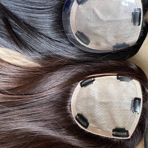 シルクベースのリアルヘアトッパー•サイズ5.5X6•14インチ シルキーなヨーロッパ産人毛トッパー•ナチュラルブラックまたはブラウン•ストレートヘアトッパー