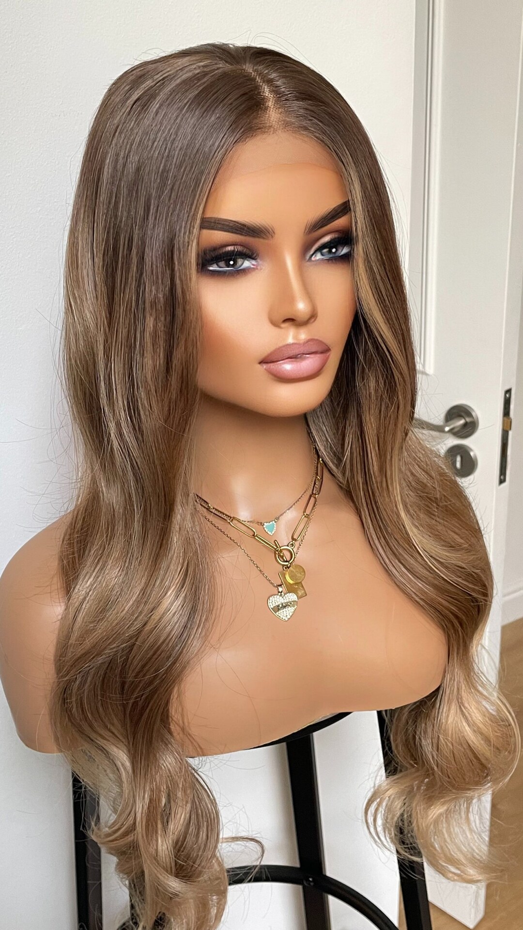 Ash Brown Lace Front Wig With Highlights/ Bouncy Wavy Heat Friendly