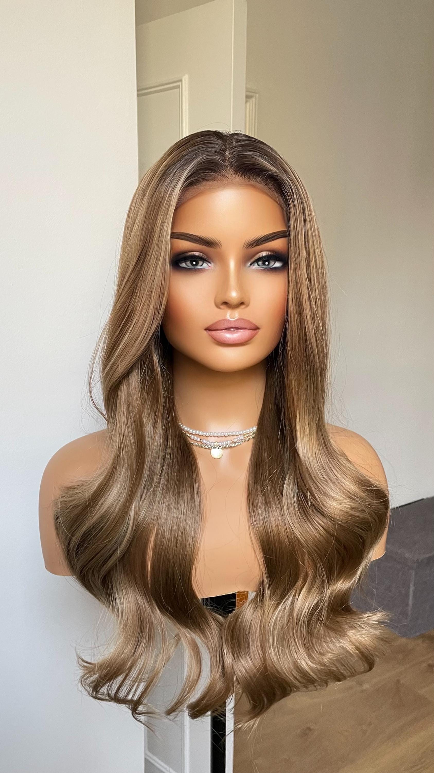 Xiweiya Light Blonde Mixed Brown Highlight Lace Front Straight Wigs Long Silky Straight Ombre Blonde Synthetic Lace Wig Heat Resistant Fiber Hair For
