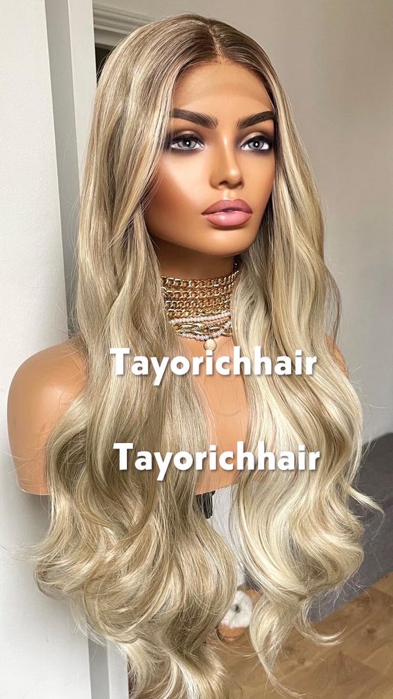 Ash Blonde Lace Wig With Highlights: 13by3 Lace, Dark Roots  display picture 3