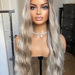 Ombre Platinum Blonde With Brown Streaks Synthetic Lace Front Wig/ Long Wavy 24 Inches Synthetic Wigs For Women