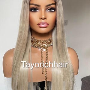 Sun Kissed Blonde Synthetic Lace Front Wig: Dark Roots, 18 Inch Straight Hair