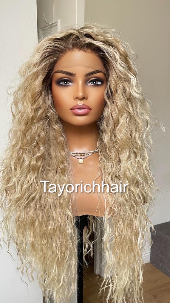 Mixed Blonde Exotic Curly Wig Dark Roots Small XS Cap, 13x3 Transparent Lace Front Wig, 22 Inch Heat Friendly Wig Hair Loss Tayorichhair