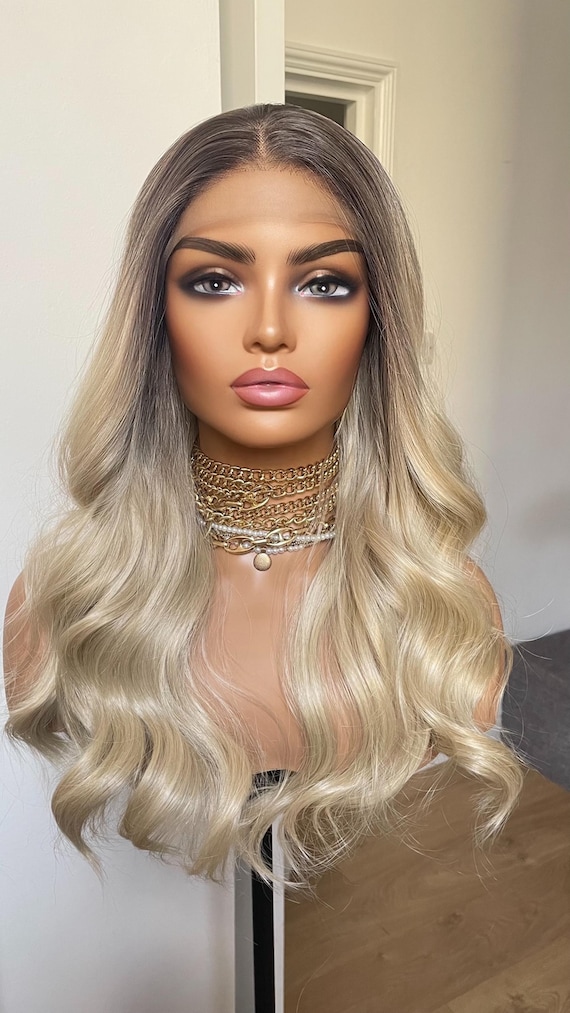 Ombre Blonde Heat Friendly Synthetic Wig; Dark Roots, Wavy Hair, Lace Front
