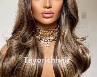 Balayage Blonde Highlight Wig: Dark Brown Wavy Synthetic Hair, 24 Inch