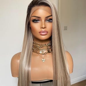 Long Platinum Blonde Mix Wig: 24 Inch Straight Synthetic Lace Wig