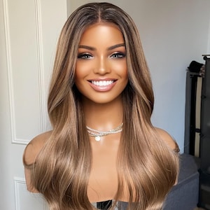 Mixed Chestnut Brown Lace Frontal Wig With Black Roots/ Mixed Brown Synthetic Wig For Womem Daily Wear Alopecia Hairloss Wigs/ Brown Wavy Ha