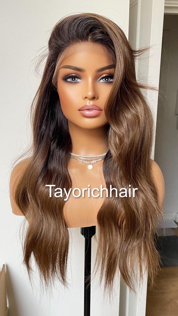 Dark Brown Wavy Synthetic Wig: 13x6 Lace Frontal, Black Roots, 18 Inch