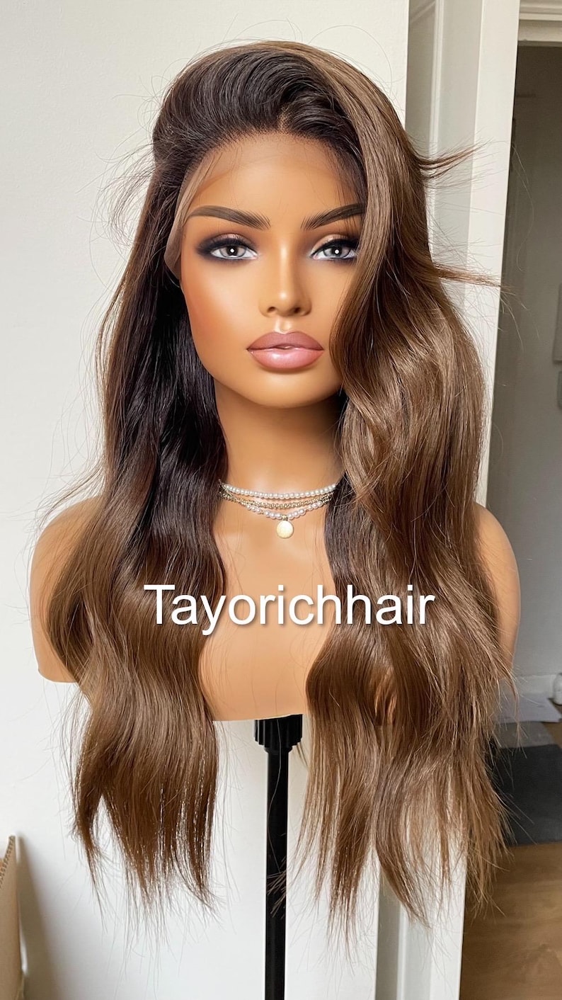 Dark Brown Wavy Synthetic Wig: 13x6 Lace Frontal, Black Roots, 18 Inch image 1