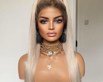 Rooted Platinum Blonde Human Hair Wig: 24&quot; HD Lace, 200 Density