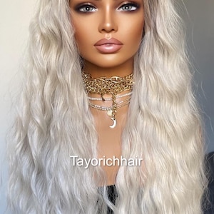 Platinum Blonde Wavy Wig: 24&quot; Heat-Safe Synthetic Hair, Free Part