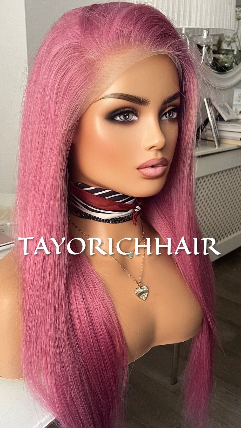Pink Human Hair Lace Front Wig: Straight Hair, 24 Inch - Etsy display picture 2