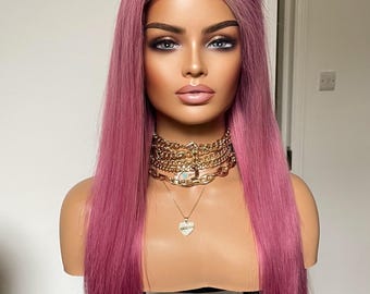 Pink Human Hair Lace Front Wig: Straight Hair,  24 Inch