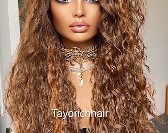 Auburn Red Curly Lace Front Wig With Red Ginger Highlights/ Free Part Light Weight Exotic Curly Wig/Auburn Reddish Small Cap Size Ladies Wig