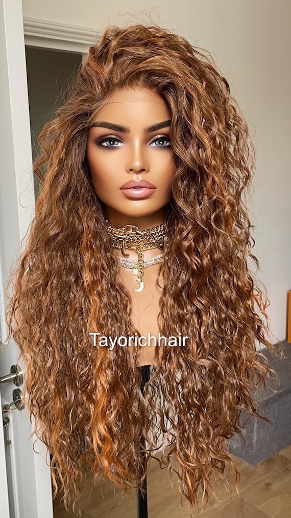 Curly Hair Brown Wig Blonde Highlights Brown Long Wavy Wig With