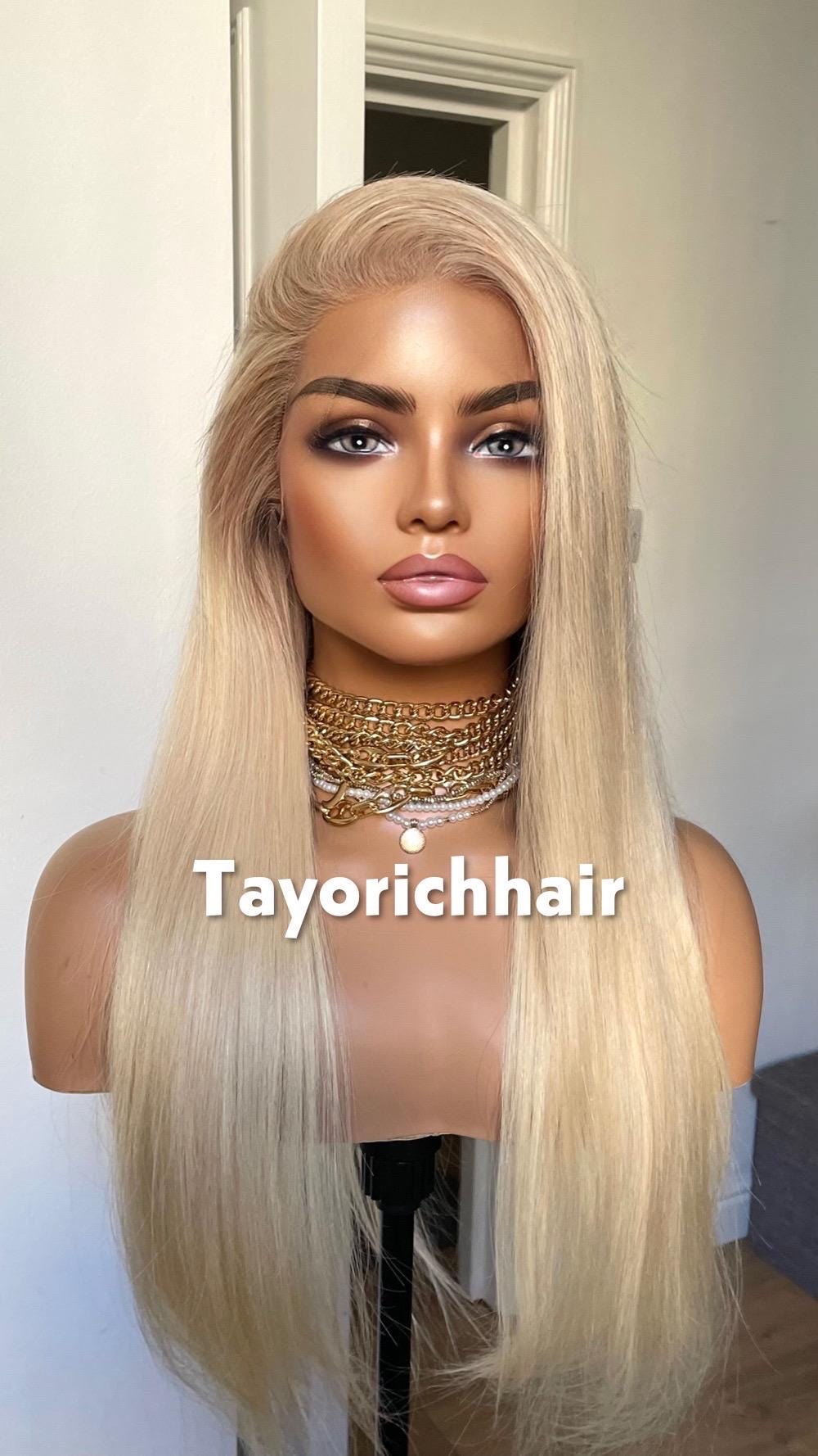 Rooted Light Blonde Human Hair Wig: 22 Inch Straight Hair  display picture 3