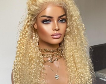 Curly Blonde Human Hair Wig: 13x4 HD Lace Front, Exotic Curls, 22 Inch