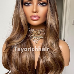 Toffee Brown Wavy Synthetic Wig Black Roots Middle Part, 13x4 Transparent Lace Front Wig, 26 Inch Bouncy Layered Heat Resistant Tayorichhair