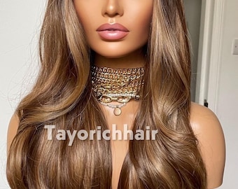 Toffee Brown Wavy Synthetic Wig Black Roots Middle Part, 13x4 Transparent Lace Front Wig, 26 Inch Bouncy Layered Heat Resistant Tayorichhair