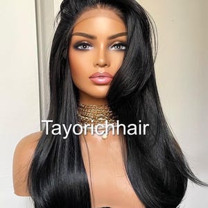 13 x 3 レース付きブラックストレートヘアレースフロントウィッグ/女性用ブラック耐熱合成ウィッグ/20インチのブラックヘアウィッグ、Tayorichhair製