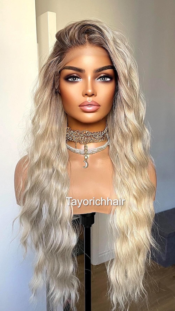 Rooted Blonde Lace Front Wig: Beach Waves, Heat Safe  display picture 1