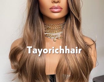 Caroline; Caramel Brown Lace Frontal Wig With Dark Roots & Lowlights