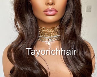 Dark Brown Lace Front Wig; Highlights, Free Part, Wavy Hair, Heat Safe Synthetic