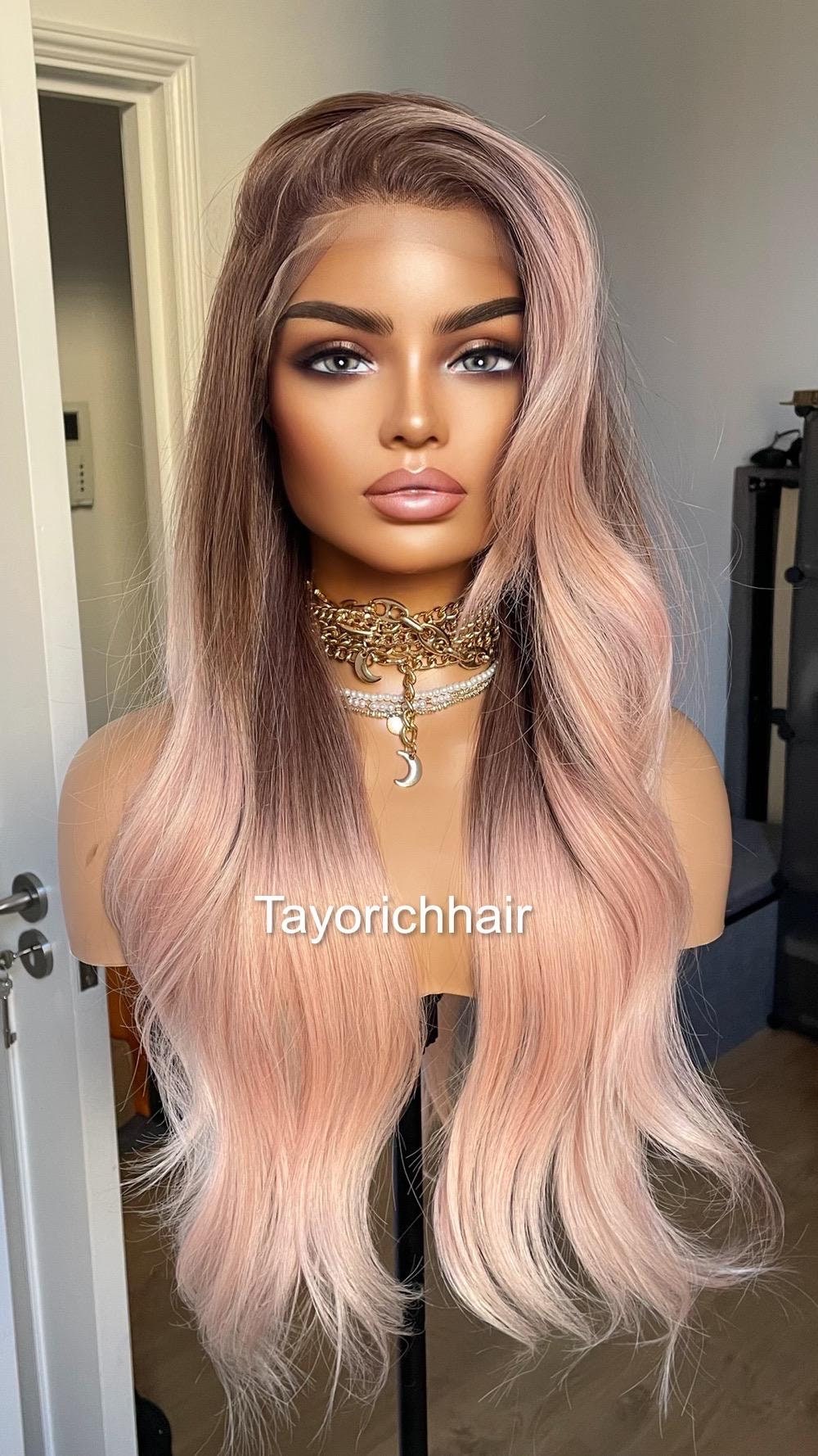 Ombre Baby Pink Lace Frontal Wig: Wavy Synthetic Hair, Dark  display picture 2