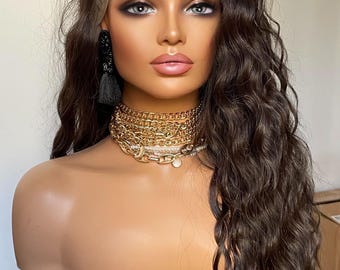 Dark Brown Wavy Synthetic Wig, Free Part