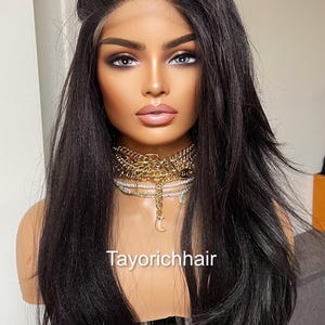 女性用ブラック合成ウィッグ/ヤキ風ストレートヘアテクスチャウィッグ（Tayorichhair製）