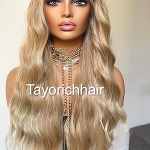 Honey Blonde Synthetic Wig: Wavy 24-Inch, Face Framing Highlights