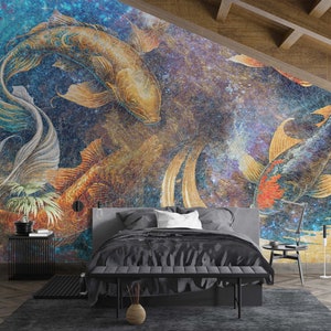 Golden Koi Fish Luxury Fisherman&#39;s Wallpaper  Wallpaper for Living Room  Bedroom Wallpaper  Office Wall Decoration
