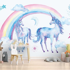 Unicorns under the Rainbow Kids Room Wallpaper Decorative Watercolor Wall Mural for your Children room