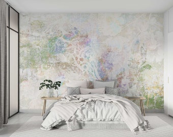Grunge floral wall decor, Vintage Wallpaper of Abstract flowers on a Weathered Plaster mural