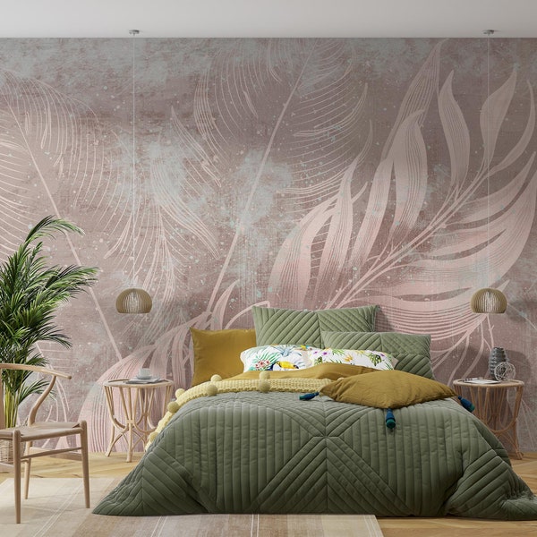 Papel Pintado de Plumas en color polvo, Papel Pintado para Salón, Dormitorio, Decoración de Paredes
