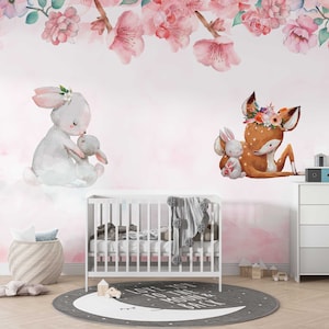Bunny & Fawn Nursery Wallpaper: Pink Floral Cloud Decor