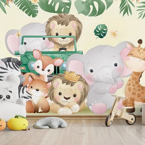 Aventura de safari con amigos en la jungla - Papel pintado caprichoso de amigos animales para la habitación de los niños