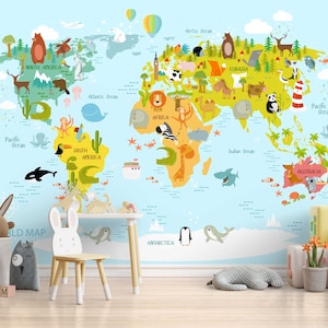 Kinderweltkarte für Kinder Animal Learning Kindergarten Kindertapete, Wandrenovierung, Kunstdekor