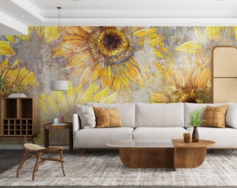 Sunflower Mural Wallpaper: Embossed Vinyl, Living Room Decor