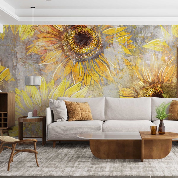 Murales de girasoles en una pared de hormigón | Papel pintado para salón | Dormitorio | Decoración de la pared de la habitación de los niños