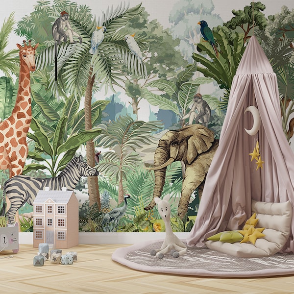 Papier peint animaux de la jungle enchanteurs Safari Adventure pour chambre d'enfant